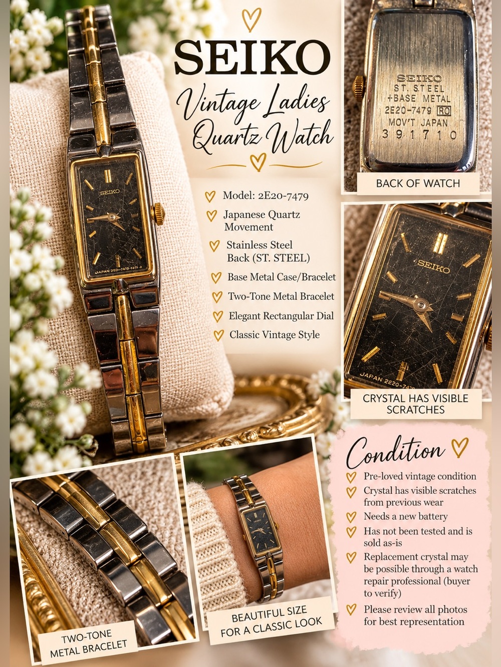 Seiko Vintage Ladies Quartz Watch 2E20-7479 Gold & Black